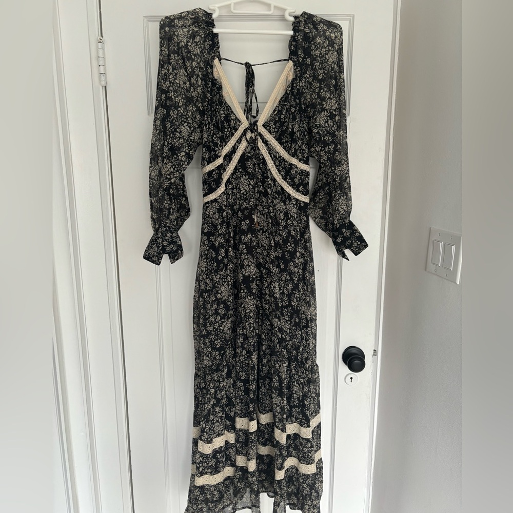 Free People Black Floral Maxi Dress with Cream Trim